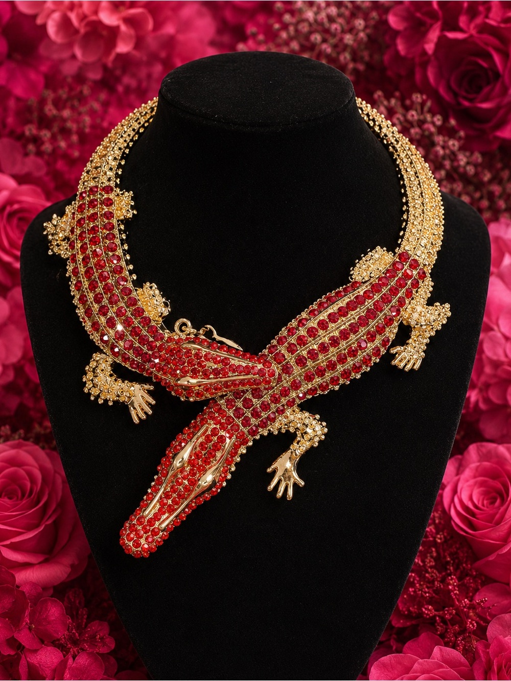 Gold-tone Red Crystal Alligator Statement Necklace - Picture 6 of 6